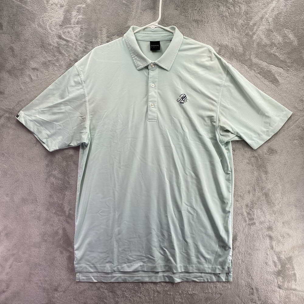 Dunning Golf Mint Green Striped Polo Shirt Men's L Embroidered Crest Golf Top